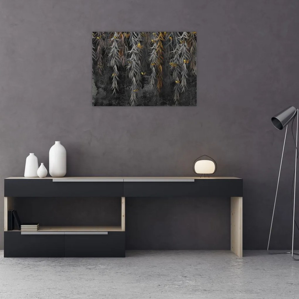 Sklenený obraz - Vŕbové vetvičky v čiernom pozadí (70x50 cm)