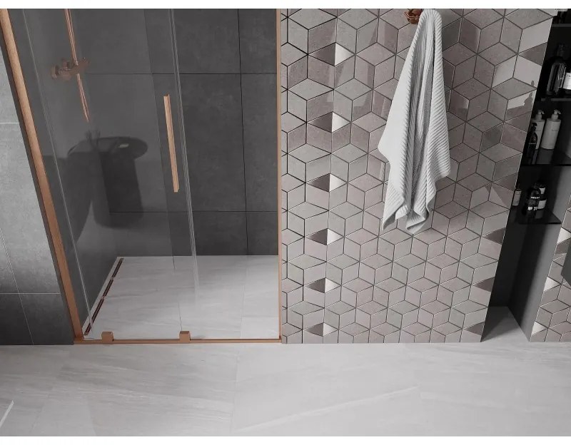 Mexen Velar L, posuvné sprchové dvere do otvoru 90 cm, 8mm číre sklo, medená matná, 871-090-003-01-65