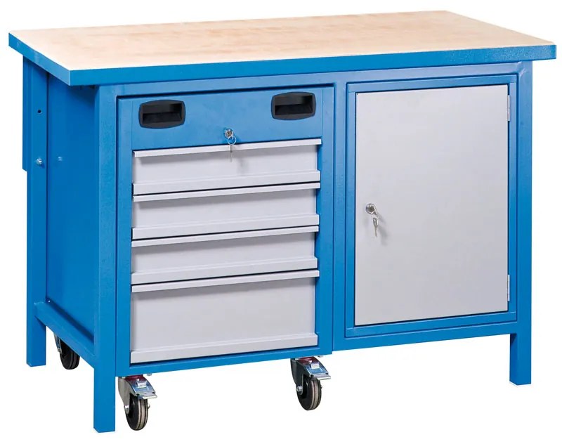 Dielenský pracovný stôl GD s pojazdným boxom na náradie, 4 zásuvky, 1 skrinka, 1190 x 600 x 850 mm, modrá