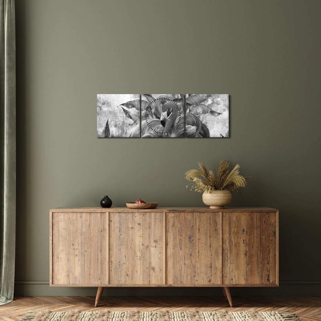 Obraz - Plameniaky graffiti (s hodinami) (90x30 cm)