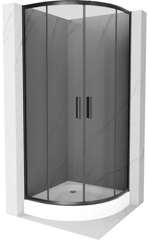 Mexen Rio, štvrťkruhový sprchovací kút s posuvnými dverami 80(dvere) x 80(dvere) x 190 cm, 6mm šedé sklo, čierny profil + biela sprchová vanička RIO, 863-080-080-70-40-4710