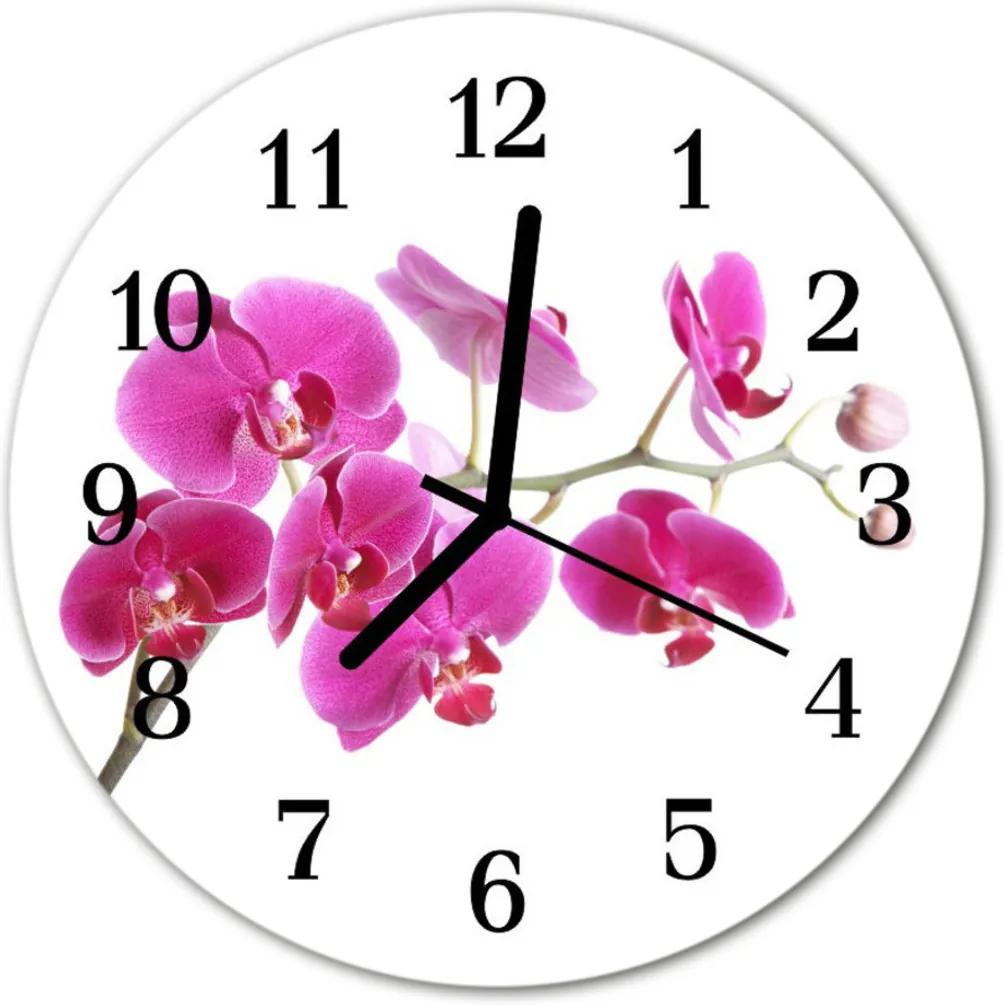 Sklenené hodiny okrúhle  orchidea