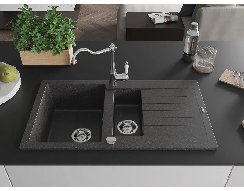 Mexen Matias, granitový drez 900x505x200 mm, 1,5-komorový a drezová batéria Carla, čierna škvrnitá, 6502-76-670700-00