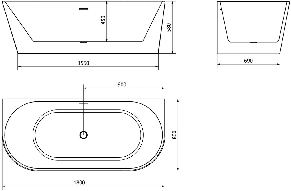 Mexen Oval, voľne stojaca nástenná vaňa 180 x 80 cm, biela-čierna, grafitový prepad, 52671808075-66