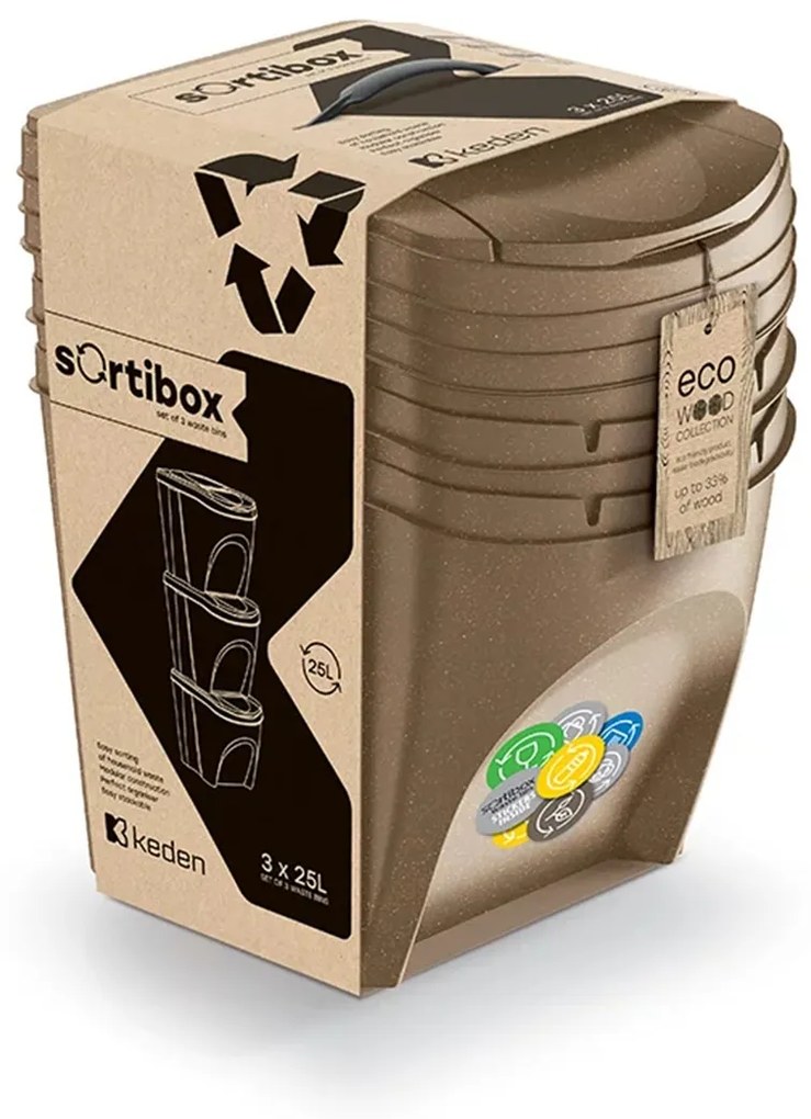 Odpadkové koše na tříděný odpad, sada 3ks x 25l SORTIBOX - ECO WOOD