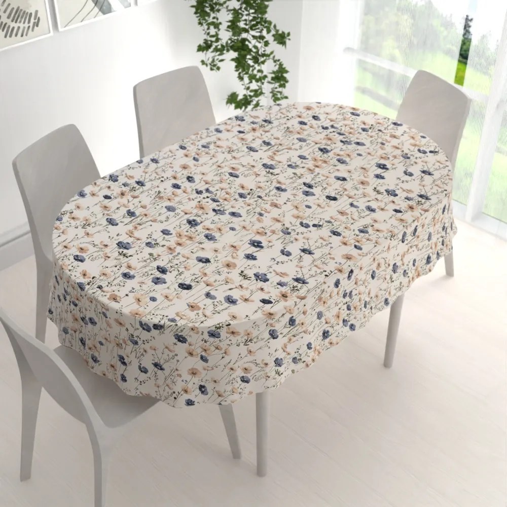Biante Bavlnený oválny obrus Sandra SA-630 Modro-hnedé vlčie maky na svetlo vanilkovom 50x100 cm