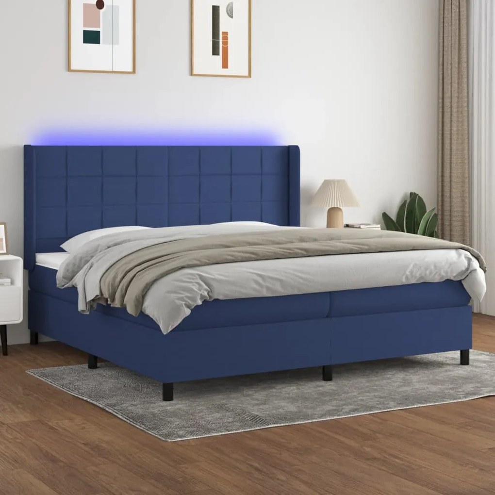 Posteľ boxsping s matracom a LED modrá 200x200 cm látka 3138347