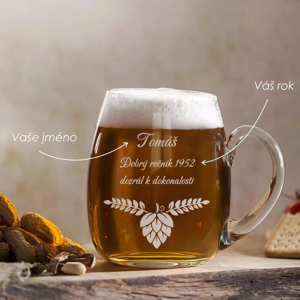 Ručne fúkaný okrúhly polliter na pivo s gravírovaním Chmeľ 500 ml 1KS