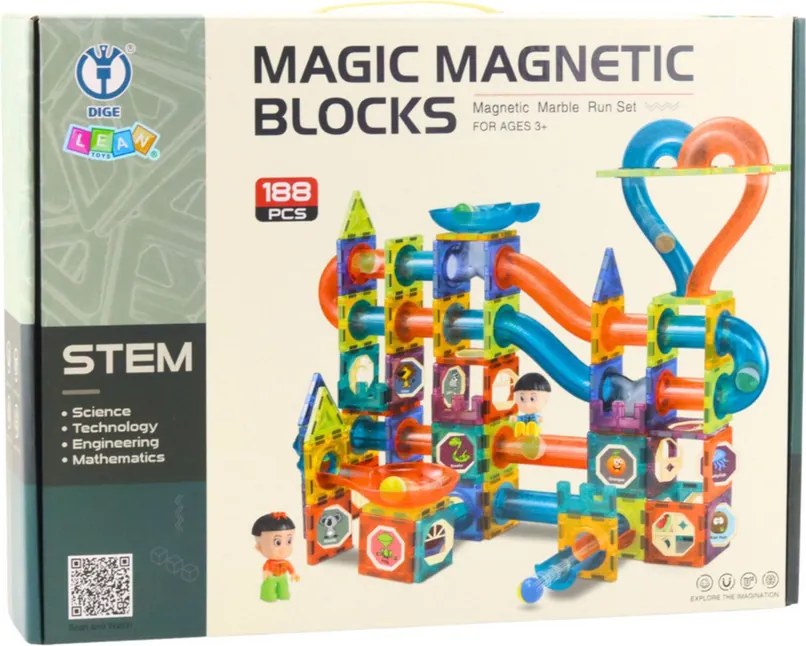 LEAN Toys Sada magnetických blokov guľôčková dráha šmykľavka farebná 188 ks