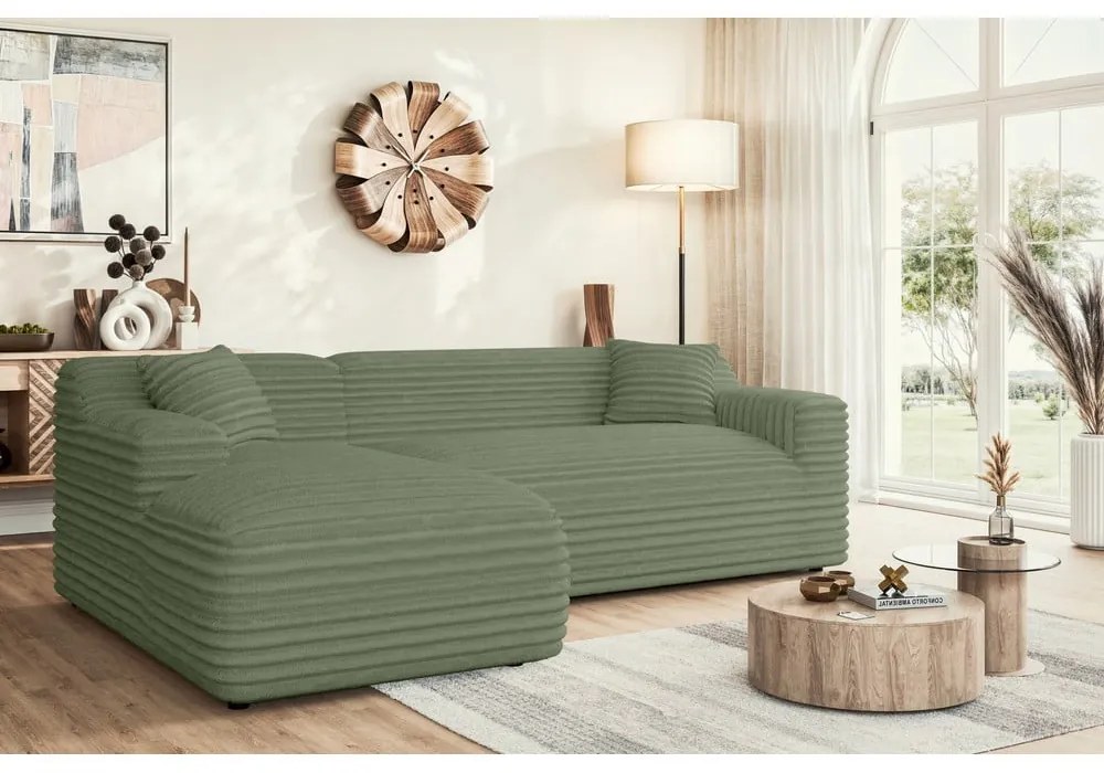 Zelená menčestrová rohová pohovka (ľavý roh/s leňoškou) Martin – Ropez