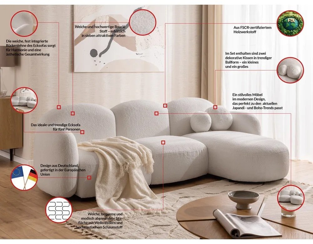 Krémová rohová pohovka z textílie buklé (pravý roh/s leňoškou) Orbit – Ropez