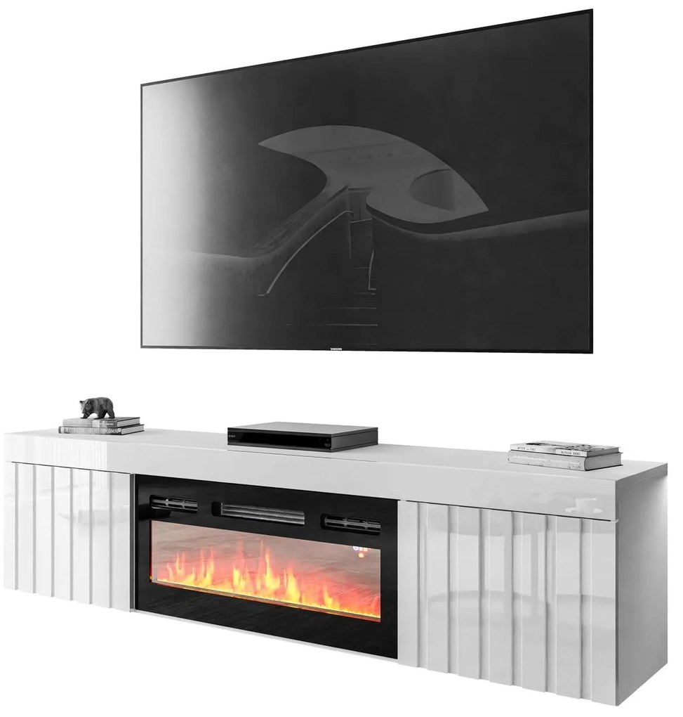 Luxusný TV stolík SANDRA biela s elektrickým krbom