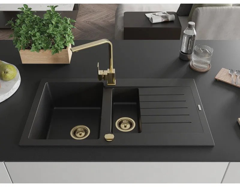 Mexen Matias, granitový drez 900x505x200 mm, 1,5-komorový a zlatá batéria Rita, čierna, 6502-77-670300-50