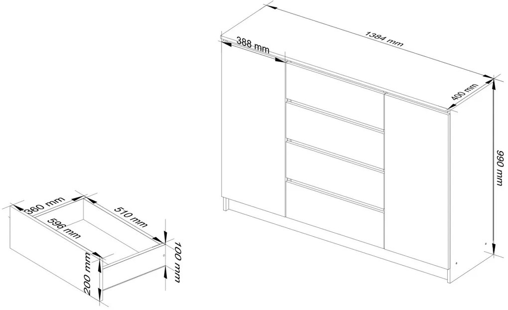 Komoda Kryštof 140 cm 2 skrinky a 4 zásuvky wenge/biela