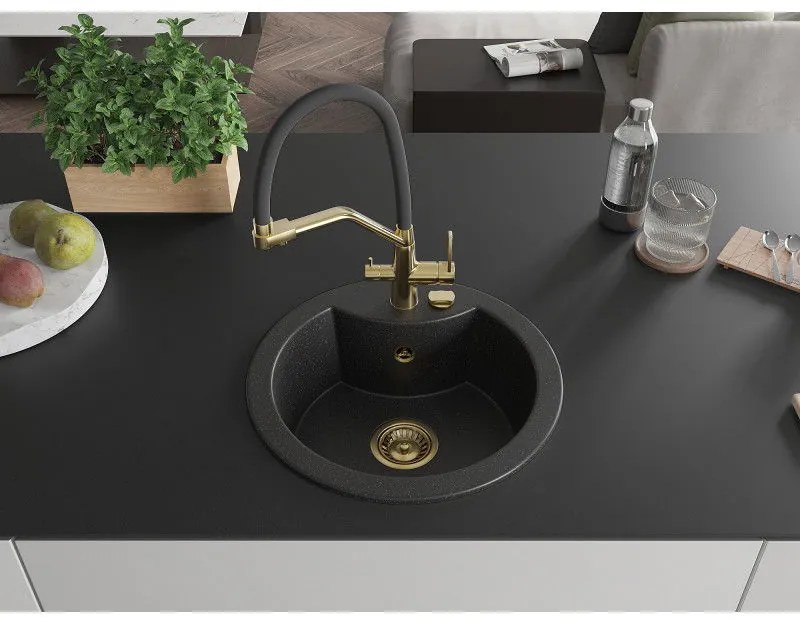 Mexen Diego, 1-komorový granitový drez 488x488x167 mm a drezová batéria Duo, čierna-strieborná metalíza, 6512-73-671701-57-G