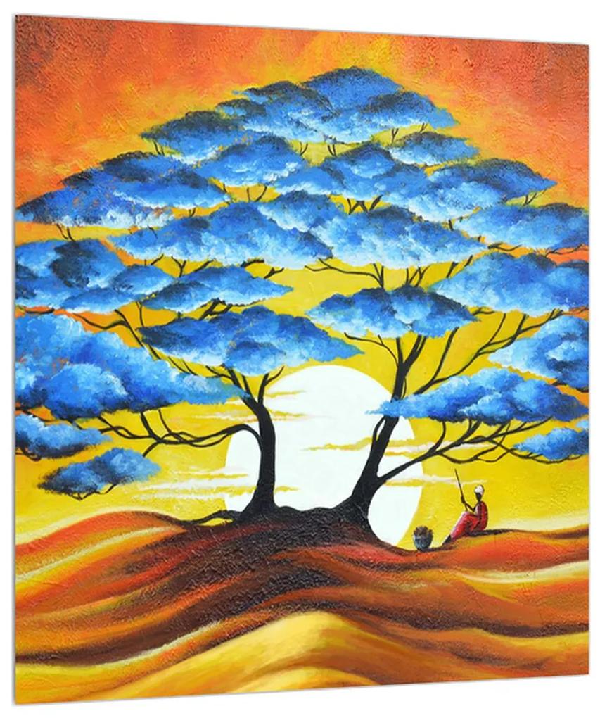 Orientálny obraz modrého stromu a slnka (30x30 cm)