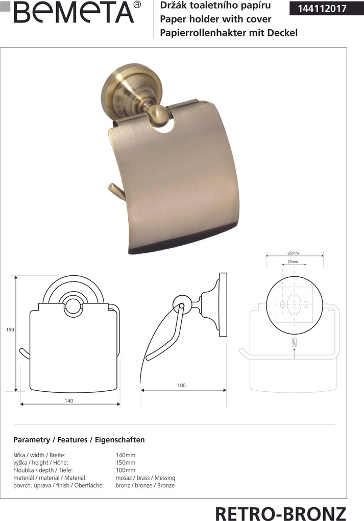 Bemeta Design RETRO bronz: Držiak toaletného papiera, s krytom - 144112017