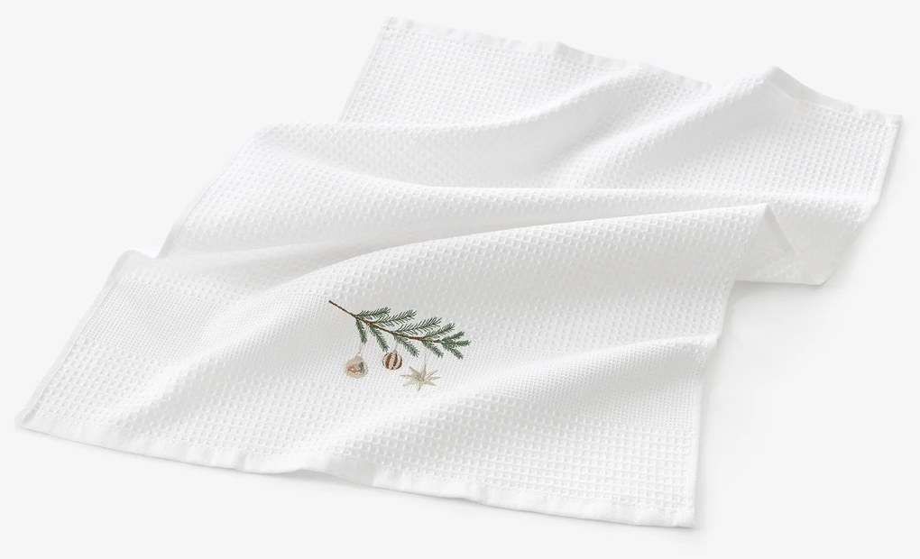 Goldea vianočná kuchynská vaflová utierka s výšivkou - baňky na vetve na bielom 50 x 70 cm