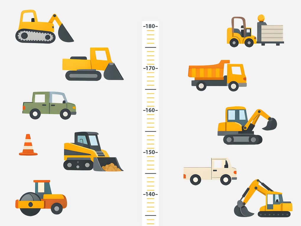 Meter a stavebné autíčka textilní prelepiteľná nálepka na stenu výška 160 cm