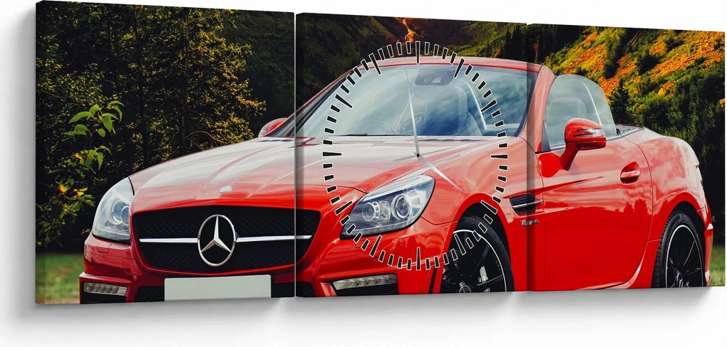 Obraz - červený Mercedes (s hodinami) (90x30 cm)