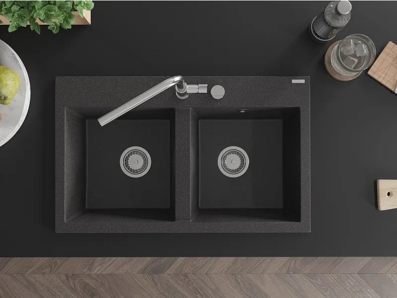 Mexen Hektor dvojkomorový granitový drez 800 x 480 mm, čierny s fľakmi, chrómový sifón - 6521802000-76