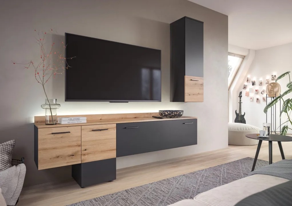 Obývacia stena s osvetlením Goul, tmavo šedá/dub evoke