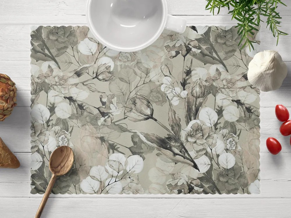 Biante Teflónové prestieranie na stôl TF-057 Kvety s eukalyptom na hnedobéžovom 35x45 cm