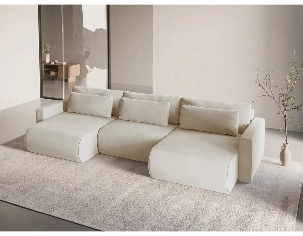 Béžová zamatová rozkladacia rohová pohovka s úložným priestorom (do "U") Belfast – Cosmopolitan Design