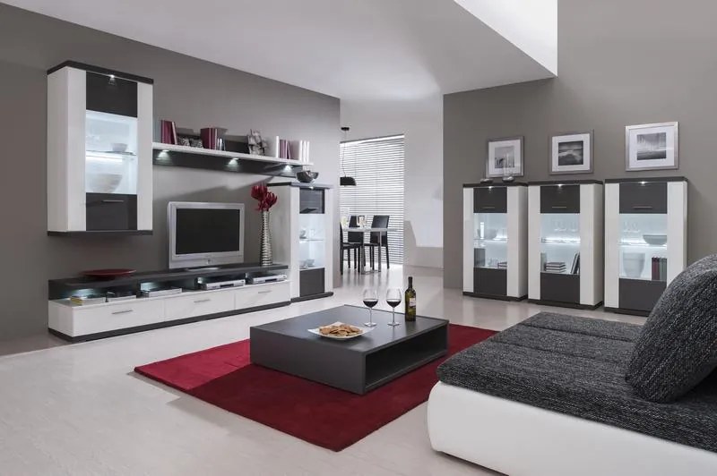 Obývacia stena Caracas kombi 333, grafit/biely lesk, s osvetlením