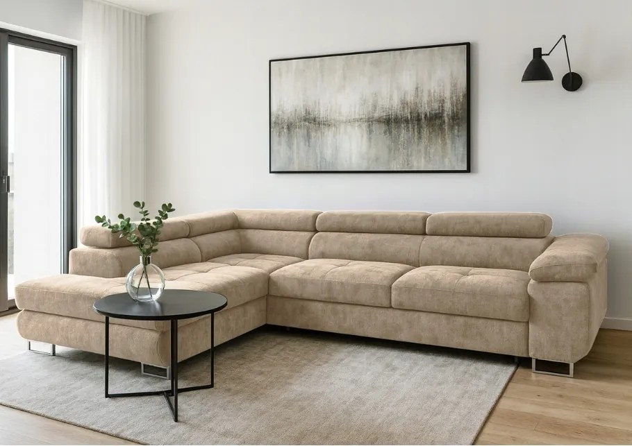 Béžový rozkladací roh Avesta ľavostranný s veľkým úložným priestorom