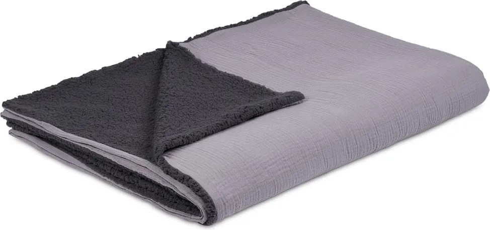 Obojstranný prehoz z mušelínu a umelej kožušiny tmavo šedá 100x135 cm