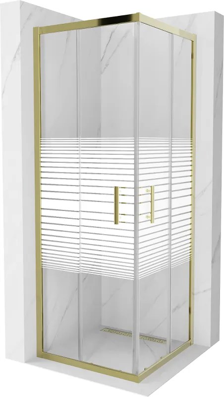 Mexen Rio, štvorcový sprchovací kút s posuvnými dverami 70(dvere) x 70(dvere) x 190 cm, 6mm číre sklo s pásikmi, zlatý profil, 860-070-070-50-20