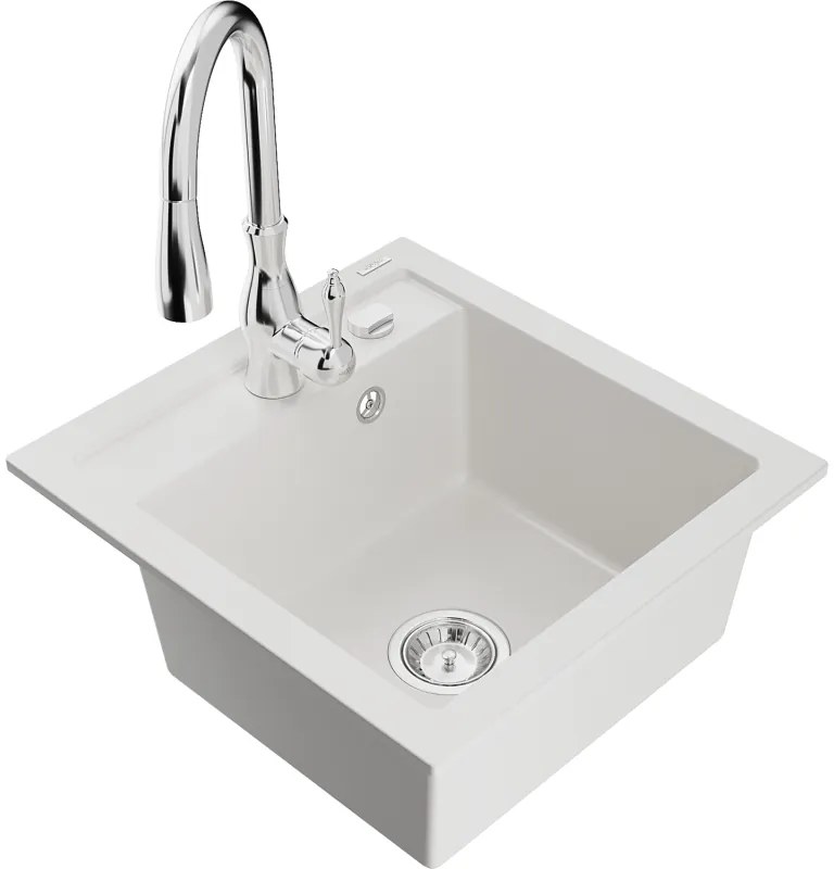 Mexen Vito, 1-komorový granitový drez 520x490x210 mm a drezová batéria Savita, biela, 6503-20-672601-00