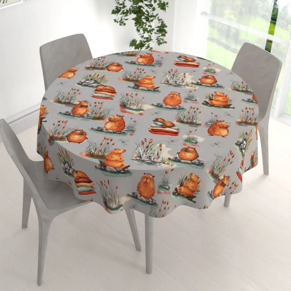 Biante Detský bavlnený okrúhly obrus Sandra SA-711 Kapybary na sivom Ø 100 cm