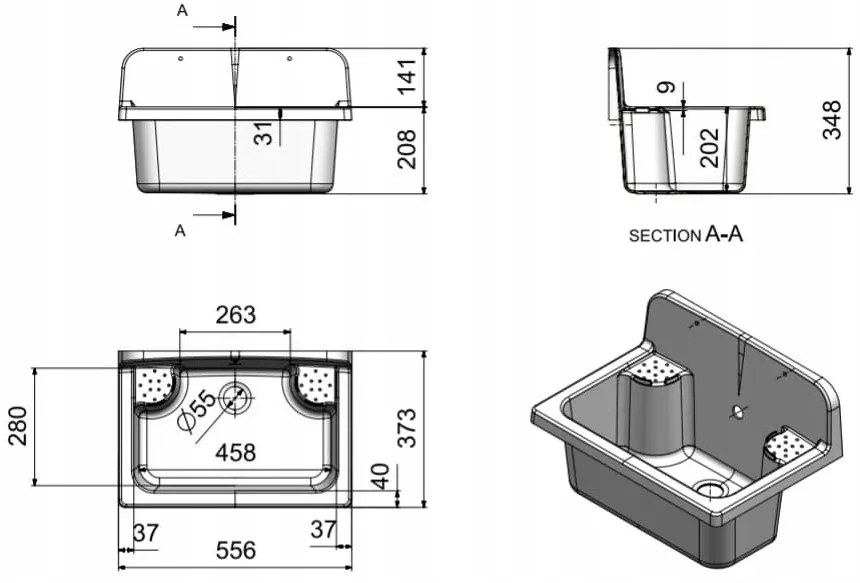 Gamma Manta, univerzálna plastová výlevka 55,6x37,3x34,8 cm + sifón, 1-komorová, biela, GMA-KGR56-WH