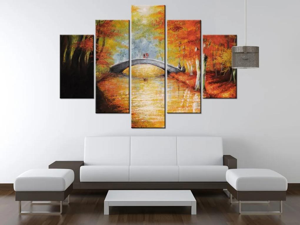 Gario Ručne maľovaný obraz Po jesennom moste - 5 dielny Rozmery: 150 x 70 cm