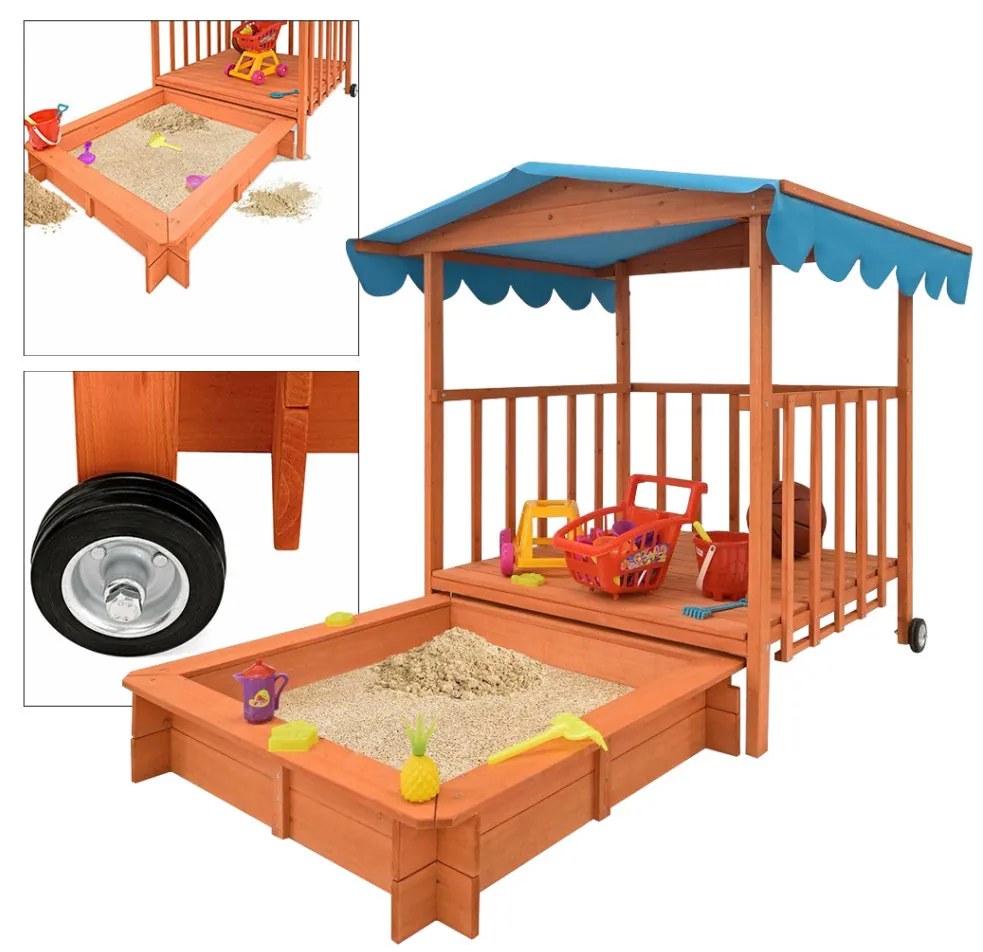 Drevený záhradný domček a pieskovisko so strechou