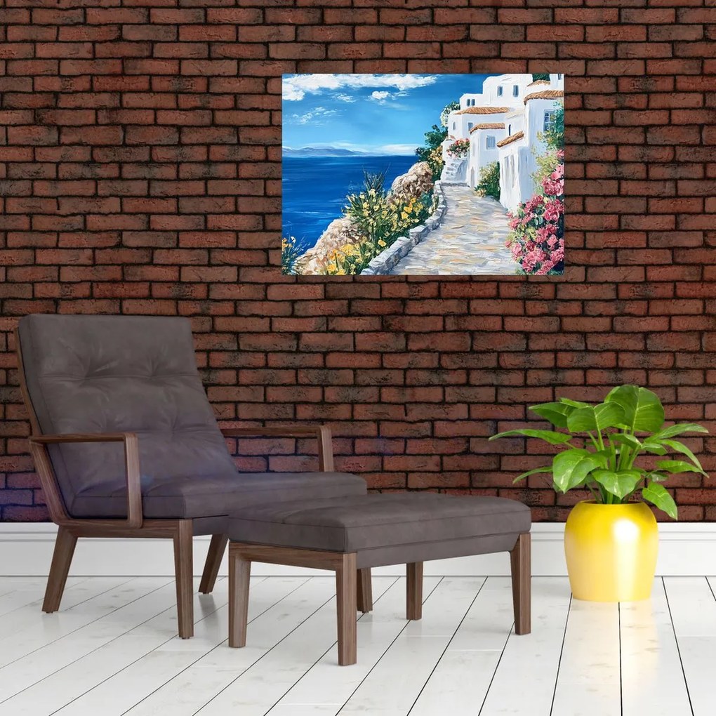 Sklenený obraz - Ulička pri mori (70x50 cm)