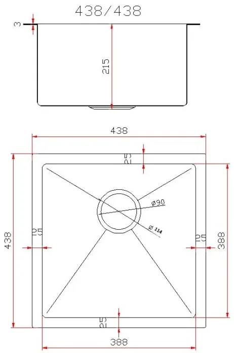 Gamma Gamma, 1-komorový oceľový drez 438x438x215 mm, brúsená oceľ, GMA-S4444-CH