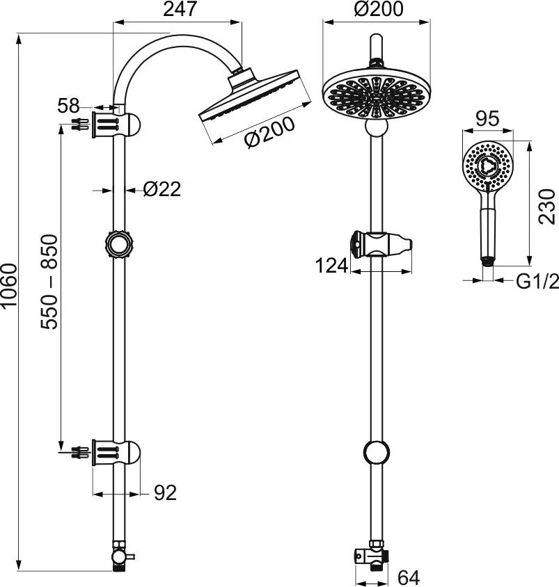 Novaservis Sprchové súpravy - Sprchová súprava, horná a ručná sprcha s držiakom a hadicou, výška 1060 mm, chróm, SET030,0