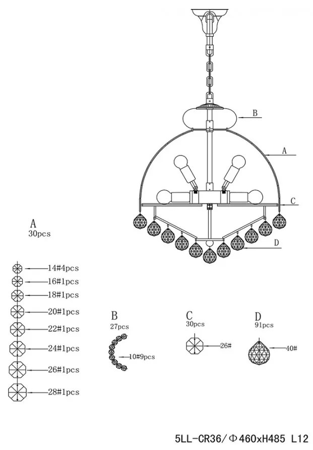 Krištáľový luster strieborný Ø48*55