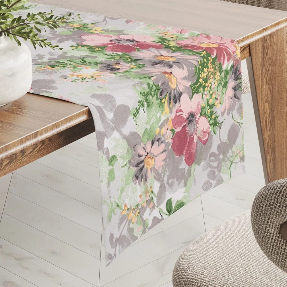 Biante Bavlnený behúň na stôl Sandra SA-704 Maľované ružovo-červené kvety na sivom 20x160 cm