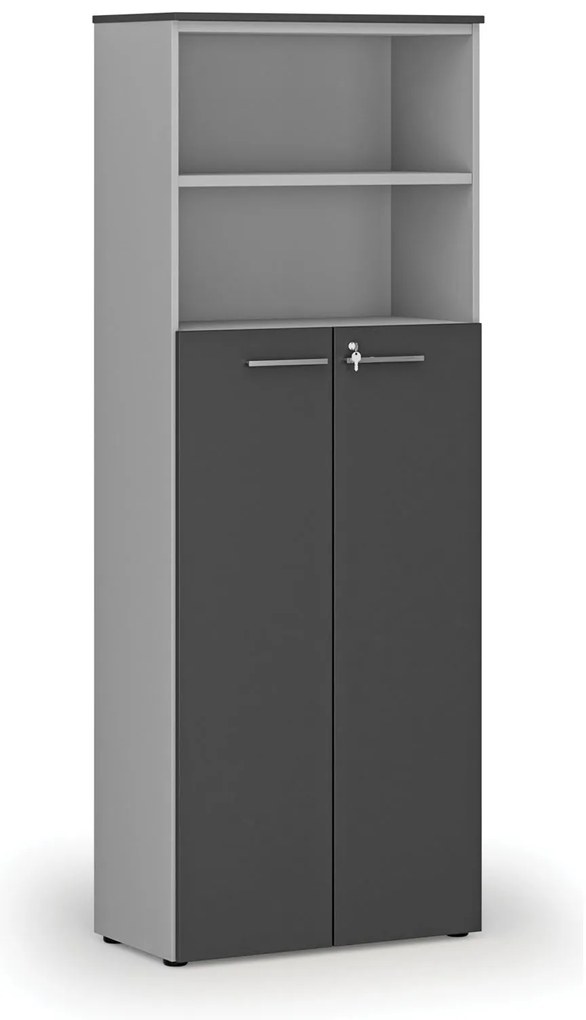 Kombinovaná kancelárska skriňa PRIMO GRAY, dvere na 4 poschodia, 800 x 420 x 2128 mm, sivá/grafit