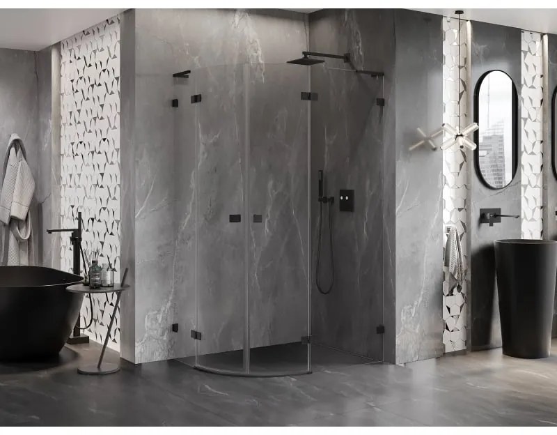 Mexen Lunar, L pravý polkruhový sprchový kút 100 x 70 cm, 8mm číre sklo, čierny profil, 833L-100P-070L-70-00