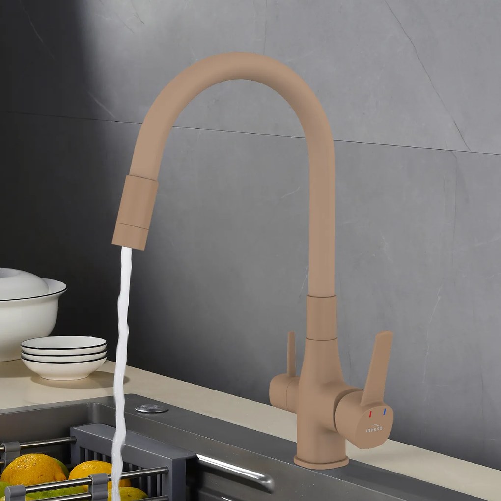 Invena Magic, stojanková drezová batéria s flexibilným ramenom a filtrom na pitnú vodu, béžová matná, INV-BZ-02-F03-V
