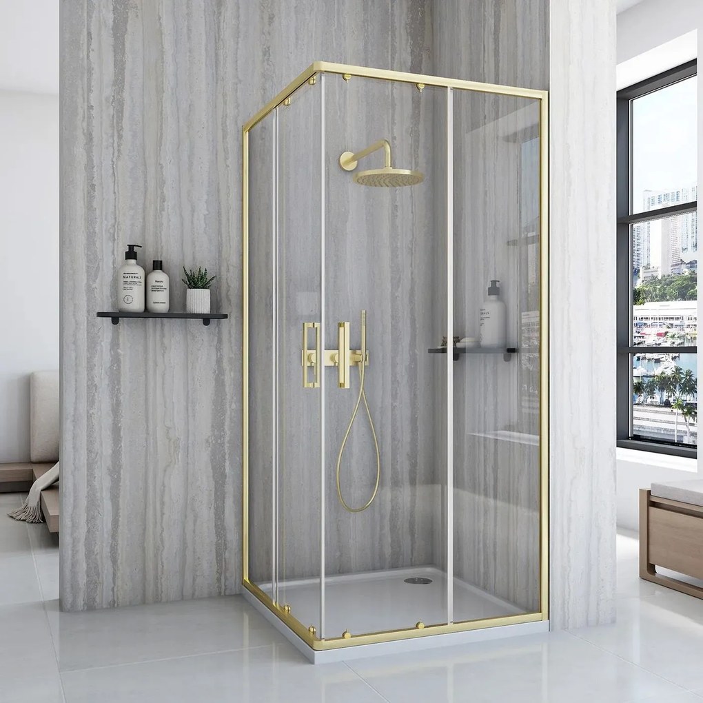 Štvorcový sprchový kút REA CITY 90x90 zlatá/transparent + vanička Savoy biela