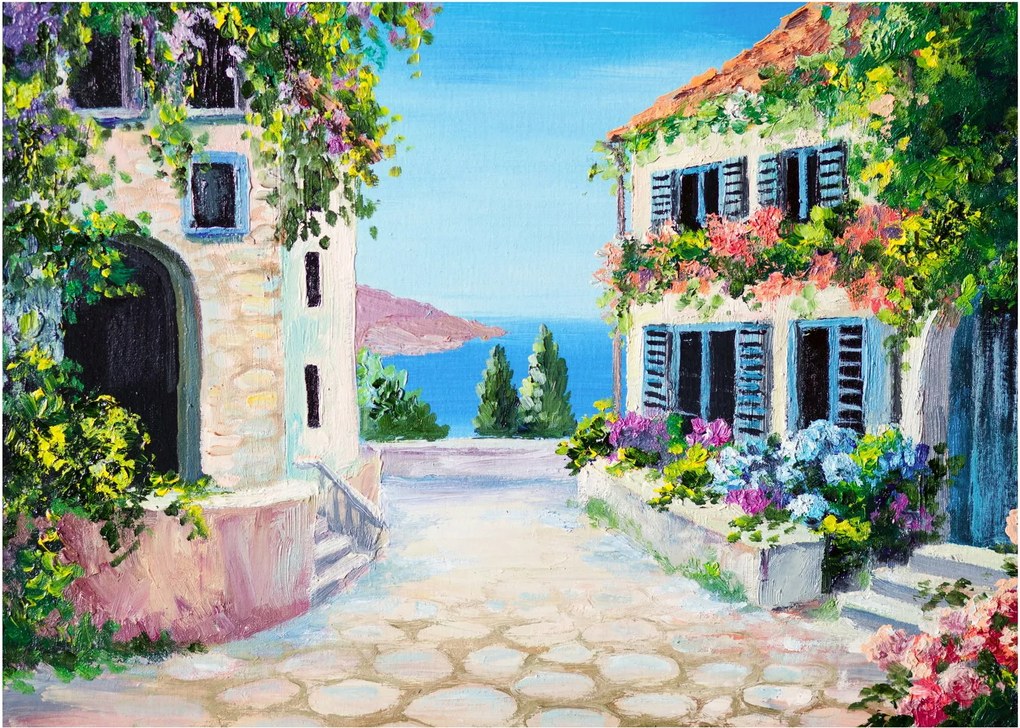 Obraz - Grécka ulička, olejomaľba (70x50 cm)