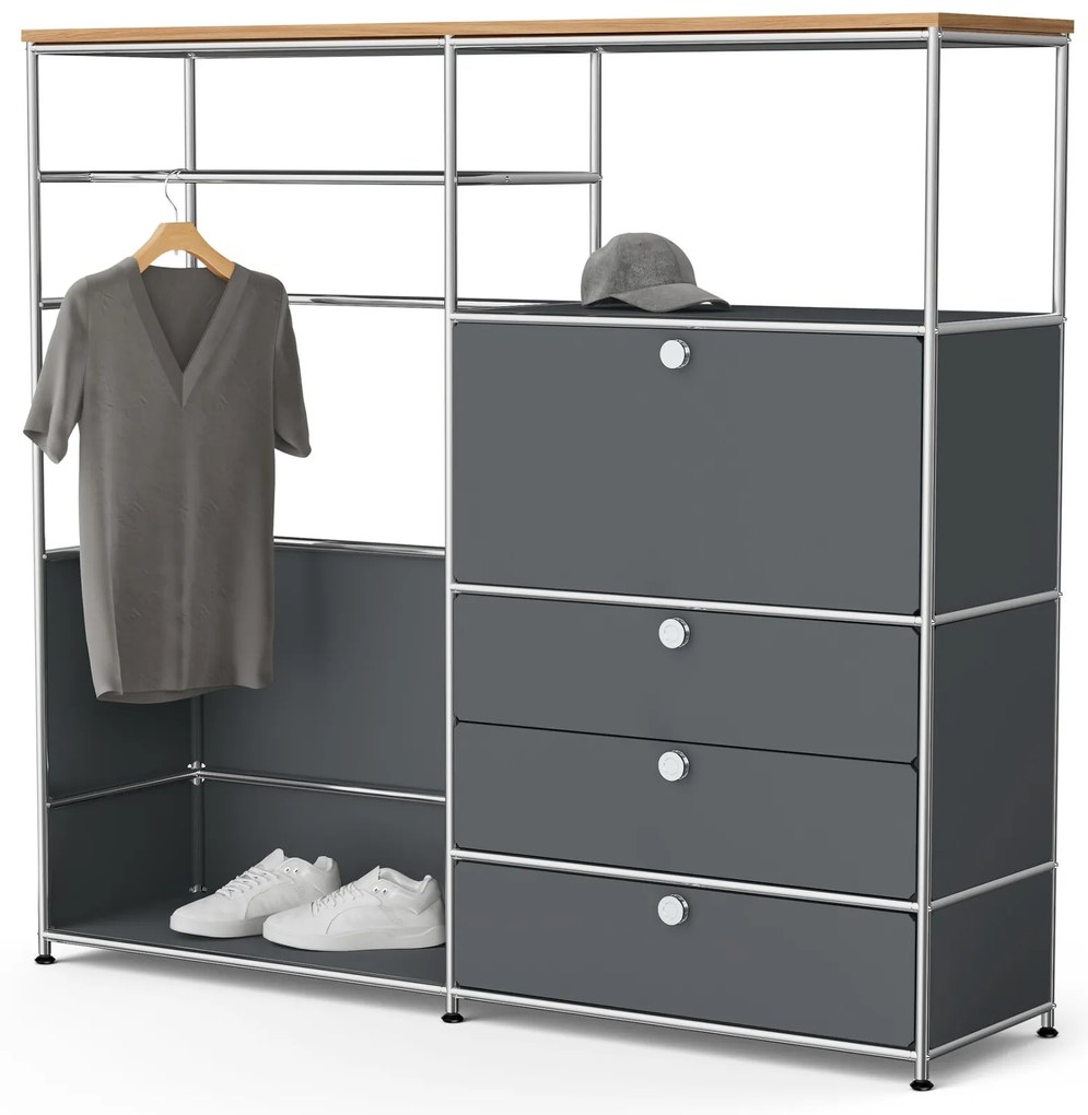 Kovová komoda »CN3« s drevenou doskou, 1 tyčou na oblečenie, 1 priehradkou a 3 zásuvkami, sivá