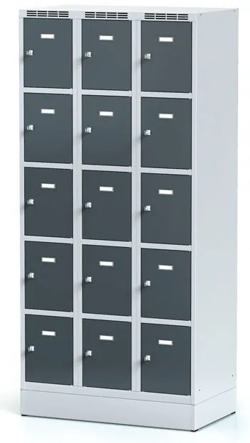 Alfa 3 Šatníková skrinka S6 na sokli s úložnými boxami, 15 boxov, 1920 x 900 x 500 mm, otočný zámok, tmavosivé dvere