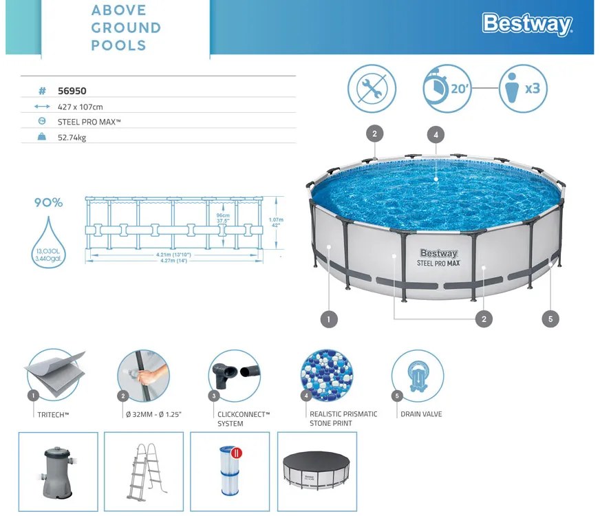 Rámový záhradný bazén Bestway STEEL-PRO MAX™ s rozmermi 427 x 107 cm 11 v 1 56950